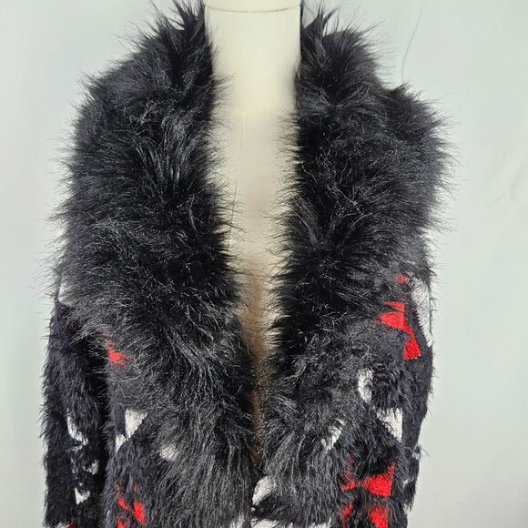 BCBGMAXAZRIA Faux Fur Trim Cardigan Sweater Large Black/Red Aztec Tribal Boho - Picture 6 of 12
